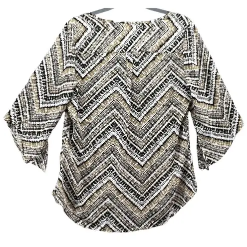 Dress Barn  Womens Chevron Print Blouse Top M Tan Black Bell Sleeve High-Low Hem