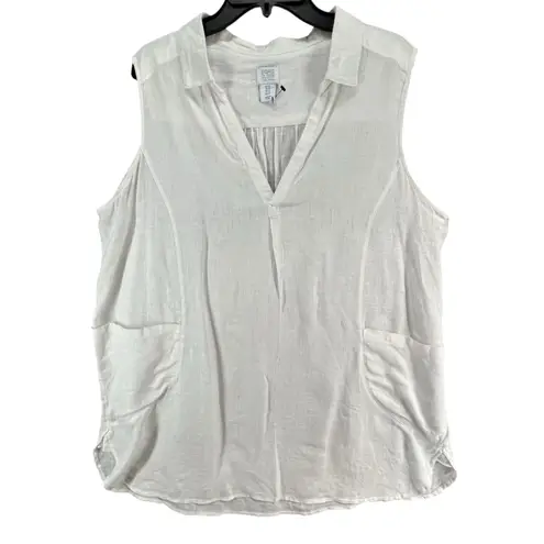 Sigrid Olsen Shirt Womens 1X White Linen Sleeveless V Neck Collared Pockets Top