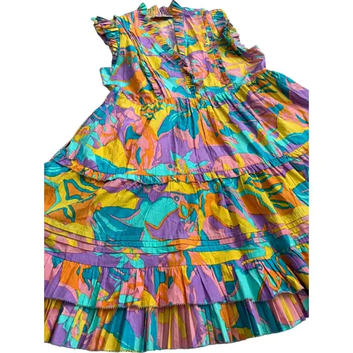 Love The Label Elana Poplin Dress Multicolored Iris Print Pockets Size Medium Yellow