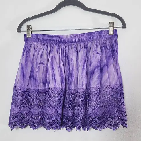 Raga Purple Dyed Flirty Mini Skirt with Crochet Lace Hemline NWT Size Large