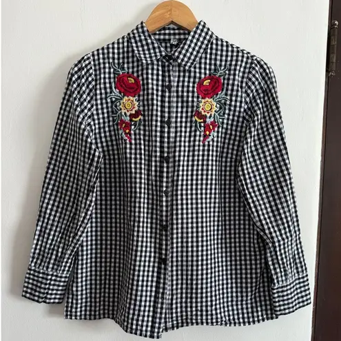 INFLUENCE | Black and White Gingham Floral Embroidered Button Down Shirt | Large