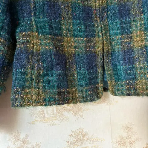Vintage Jones New York green blue plaid angora wool mock neck cardigan jacket Size 12
