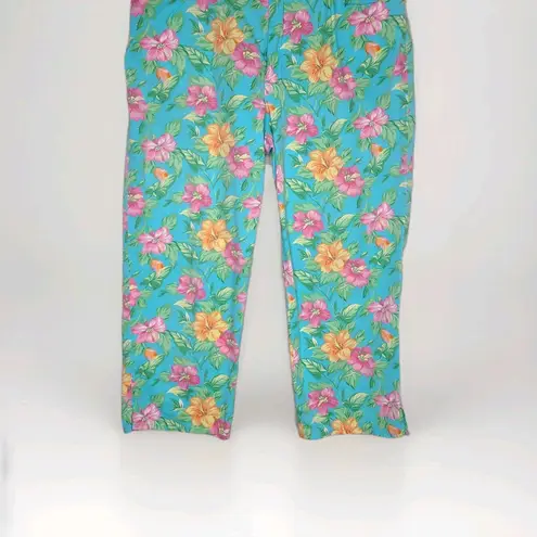 Lauren Ralph Lauren Teal Floral Cropped Cotton Blend Ankle Pants Women Size 8 Pink