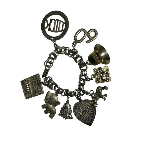 Vintage Charm Bracelet Political GOP Elephant Bell 60s Luck Silver Tone