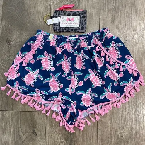 Simply Southern  Turtle Print Pom-Pom Beach Shorts And Key Chain Wallet S/M