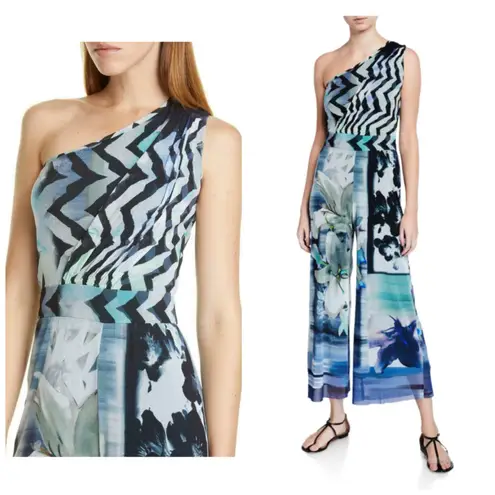 Fuzzi Floral One Shoulder Mesh Jumpsuit Size Small Blue Stretch Cropped Wide Leg