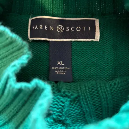 Karen Scott Green Cable Knit Sweater Cotton Mock Neck Womens Size XL