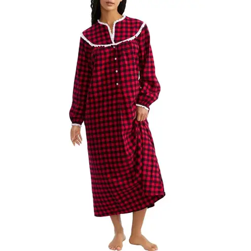 Lanz of Salzburg Nightgown Womens Large Red Buffalo Check Plaid Flannel Long L - Image 12