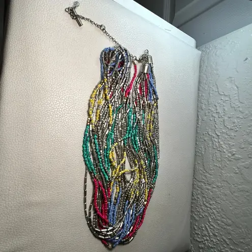 Multicolor Layered Beaded Necklace Silver Bar Toggle Boho Statement Blue