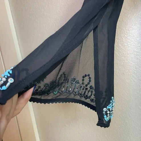 Itsu Womens 100 % Silk Size 6 Long Sleeve Blouse Beaded Sequin Black Blue