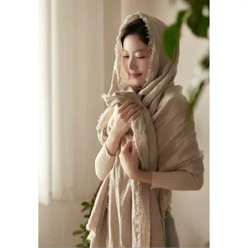 Linen Scarf Beige Jacquard Soft Breathable Lightweight Natural Wrap Fringe Tan