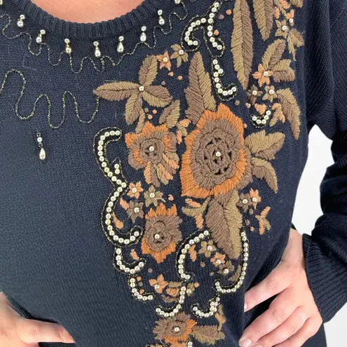 80s Vintage LARISA Black Embroidered and Beaded Knit Midi Sweater Dress Size L