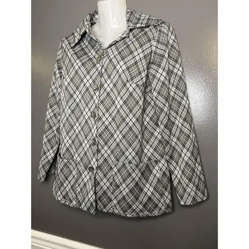 Vintage Plaid Jacket Womens Medium Gray White Black Button Up Coat 60s Mod Retro