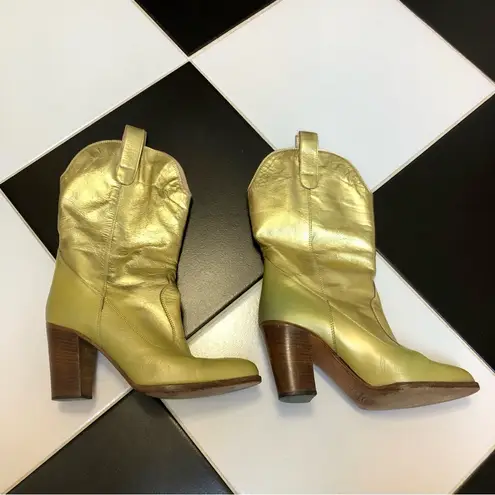 Fiorucci Vintage Gold Leather Cowboy Cowgirl Boots Vntg size 37 Rare Metallic