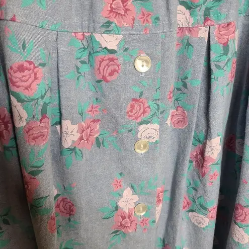 Jessica Scott 80s Blue Floral Cotton Button Front Midi Skirt Size 14 Pink