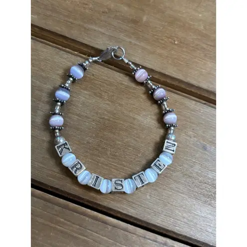 Handmade Custom "Kristen" Name Bracelet With Purple & White Beads Silver Accents Lobster