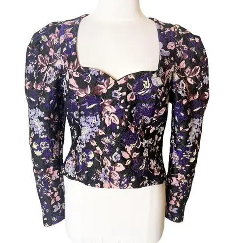 NWT ROHE Fiona Puff sleeve brocade blouse sweetheart neck sz 38 Black