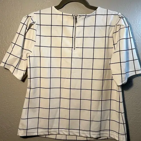 MELLODAY Cream and Black Puff Sleeve Blouse Size M Grid Pattern