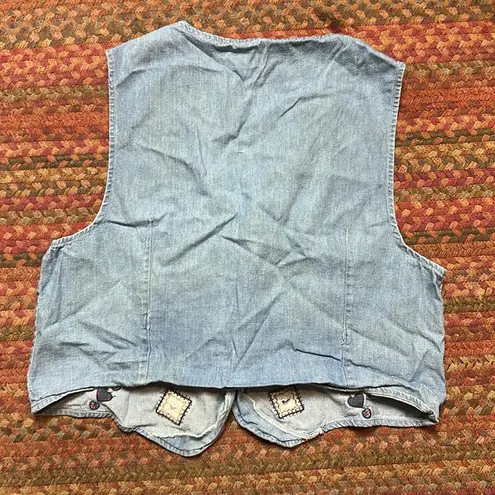 VTG DENIM BUTTON UP VEST PLAID BOW 3D DETAIL Blue Size M