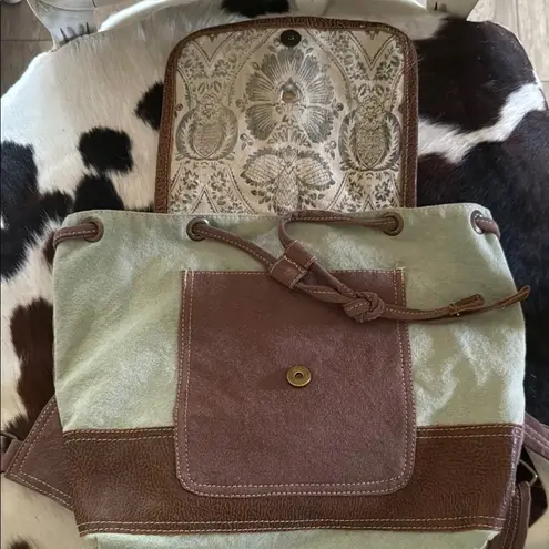 Brown and Cream Patterned Myra Backpack with Leather Accents