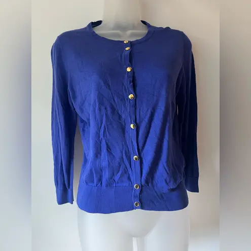 August Silk Women’s Cardigan Sweater Size S Royal Blue Gold Button Front NWT