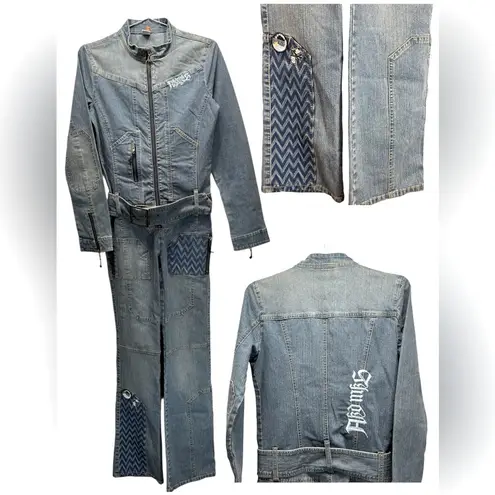 Akademiks AKDMKS Y2K Denim Patchwork Graffiti Coveralls Jumpsuit Flightsuit HipHop Belted