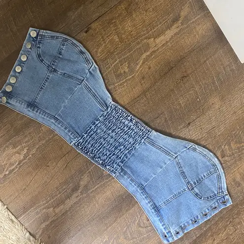 VINTAGE DENIM BUSTIER WITH BUTTON FRONT AND SHEERING IN BACK TO LOOK SNATCHED IN Blue