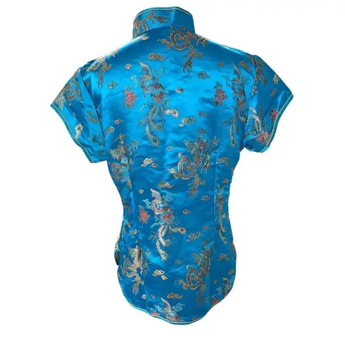 VTG Lian Lin Qipao/Cheongsam Satin Top Turquoise Blue/Gold Sz L 5 Toe Dragons Blue Size M