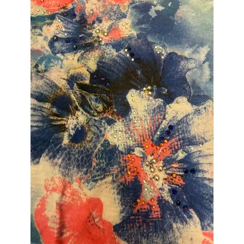 Avenue Women's Size 30 Blue & White Striped Floral Rhinestone Top