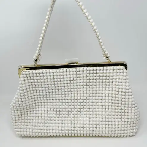 Vintage La Regale White Plastic Pearl Beaded Handbag Purse 60s Regency MCM