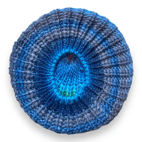 None Knit Beret Hat Green Blue Tonal Shades Slouchy Multicolor Winter Cap Warm