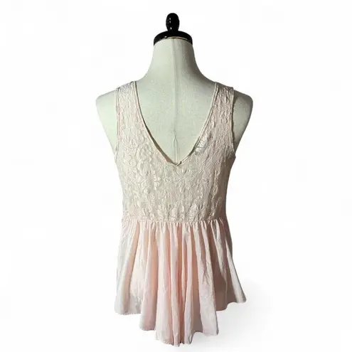 Vintage Pink Lace Floral Peplum Tank Top Sleeveless V Neck Women's Size L