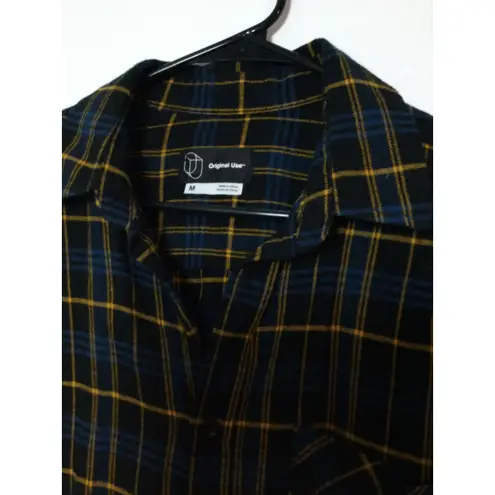 Original Use Flannel Shirt Plaid LongSleeve ButtonUp Top Black BlueYellow M(252)