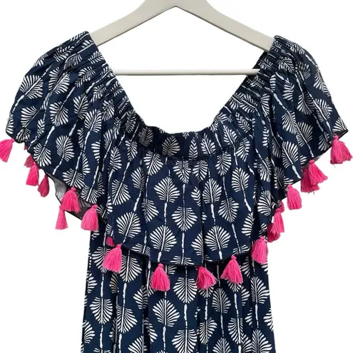 Escapada Living Monica Dress Boho Tassel Size Large Navy Hot Pink Palm Print EUC