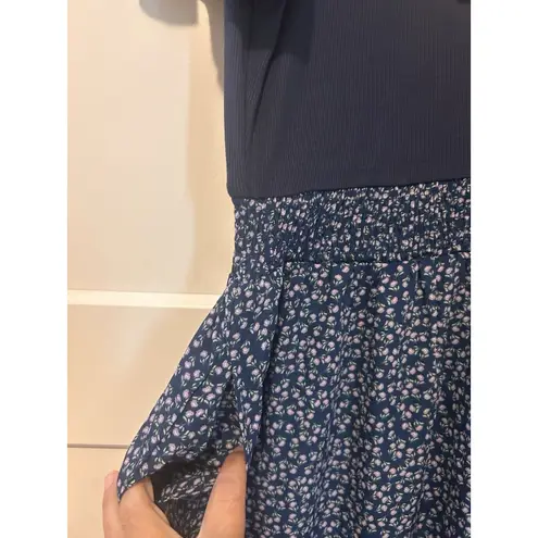 Women's Size Large Blue Maxi Dress Knit Top Woven Floral Bottom Cottage Modest