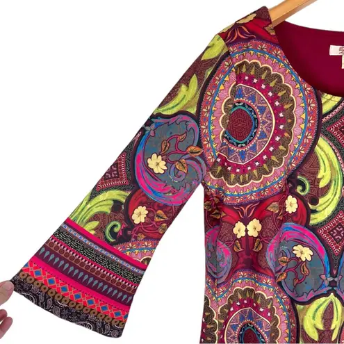 Aryeh Burgundy/Maroon Floral Mandala Slight Bell Sleeve Dress Anthropologie