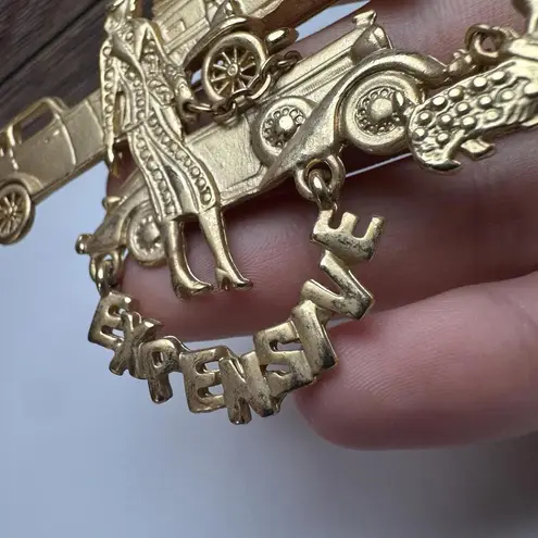 AJC Expensive Lady With Scottie Terrier & Luxury Cars Gold Tone Brooch Signed