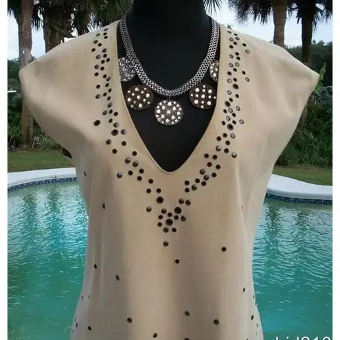 Donald Pliner Tan Suede Leather Top Nail Head Embellished Tunic V Neck $995 NWT Size M