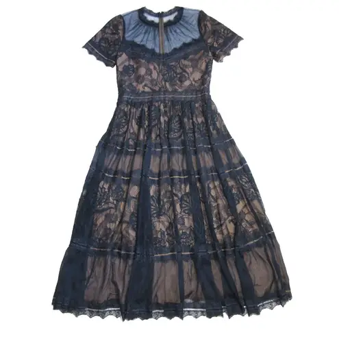 Tadashi Shoji NWT Camilla in Navy Nude Lined Sheer Illusion Lace Midi Dress 12
