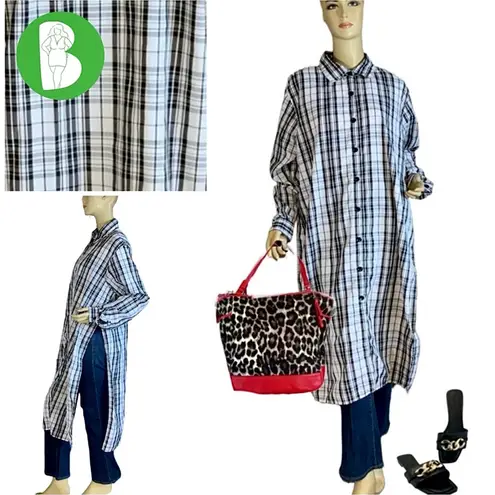 Thrill Jeans BLACK AND WHITE PLAID LONG BUTTON DOWN WITH SIDE SLITS (1X)