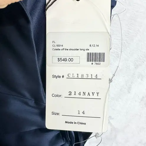 Mon Cheri Colette Off The Shoulder Long Sleeve Dress Size 14 NEW Navy Stretch