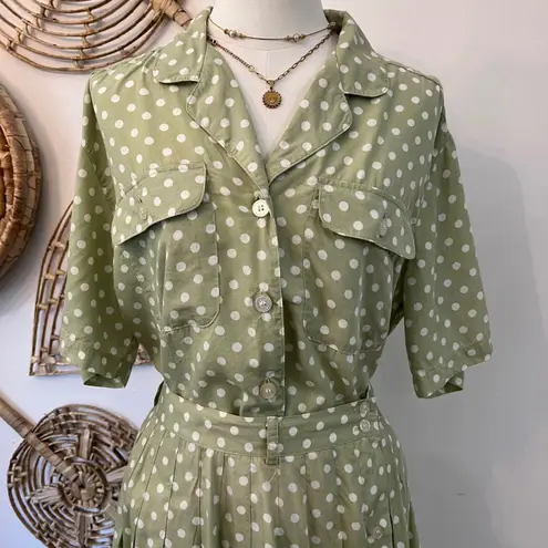 Vintage CHAU 80s Sage Green Polka Dot Rayon Button Top Midi Skirt Set Size 12