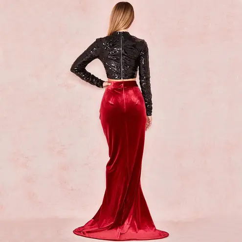 House Of CB 'Therina' Wine Velvet Thigh Split Maxi Skirt