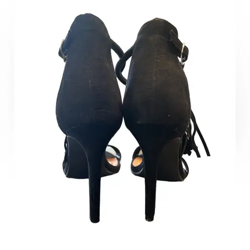 Steve Madden Sashi Black Suede Leather Fringe bohemian chic sandal heels 8.5