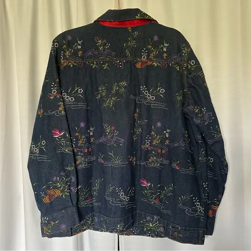 Quacker Factory Jacket Embroidered Floral Blue Denim Jean Trucker Women's Size L