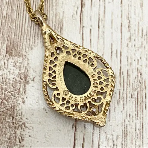 GF Vintage  Filigree Jade Teardrop Diamond Necklace