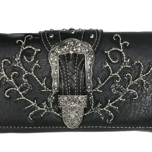 Classic Western Buckle Crossbody Trifold Wallet Black