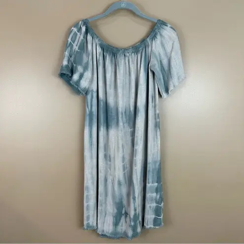 Mono B Tie Dye Off Shoulder Raw Hem Linen Blend Blue Dress Medium Frayed Grunge