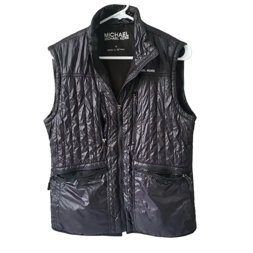 Michael Kors  Black Quilted Shiny Puffer Vest Size M Full Zip Pockets High Collar