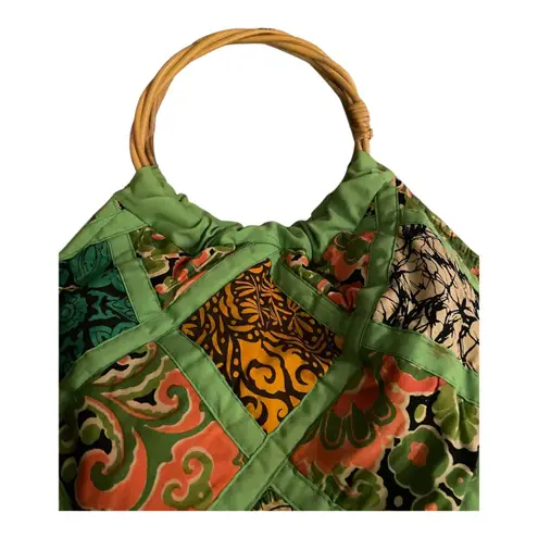 Vintage Handmade quilted patchwork hobo bag rattan handle water resistant lining Green